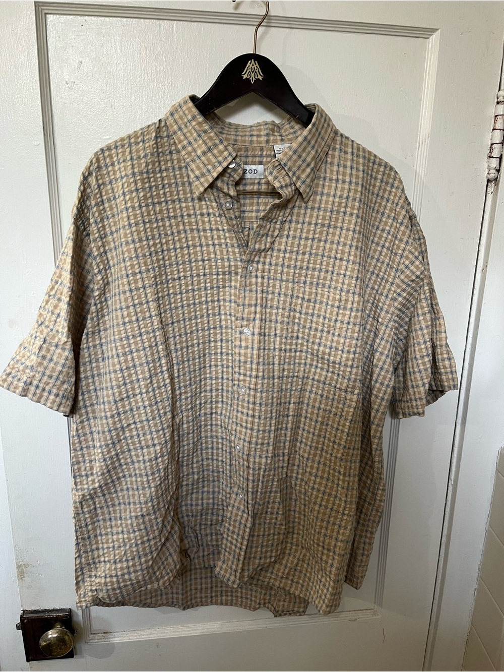 Izod Mens XL Button Down Shirt Short Sleeve Plaid Plisse Seersucker Casual EUC - Picture 1 of 5